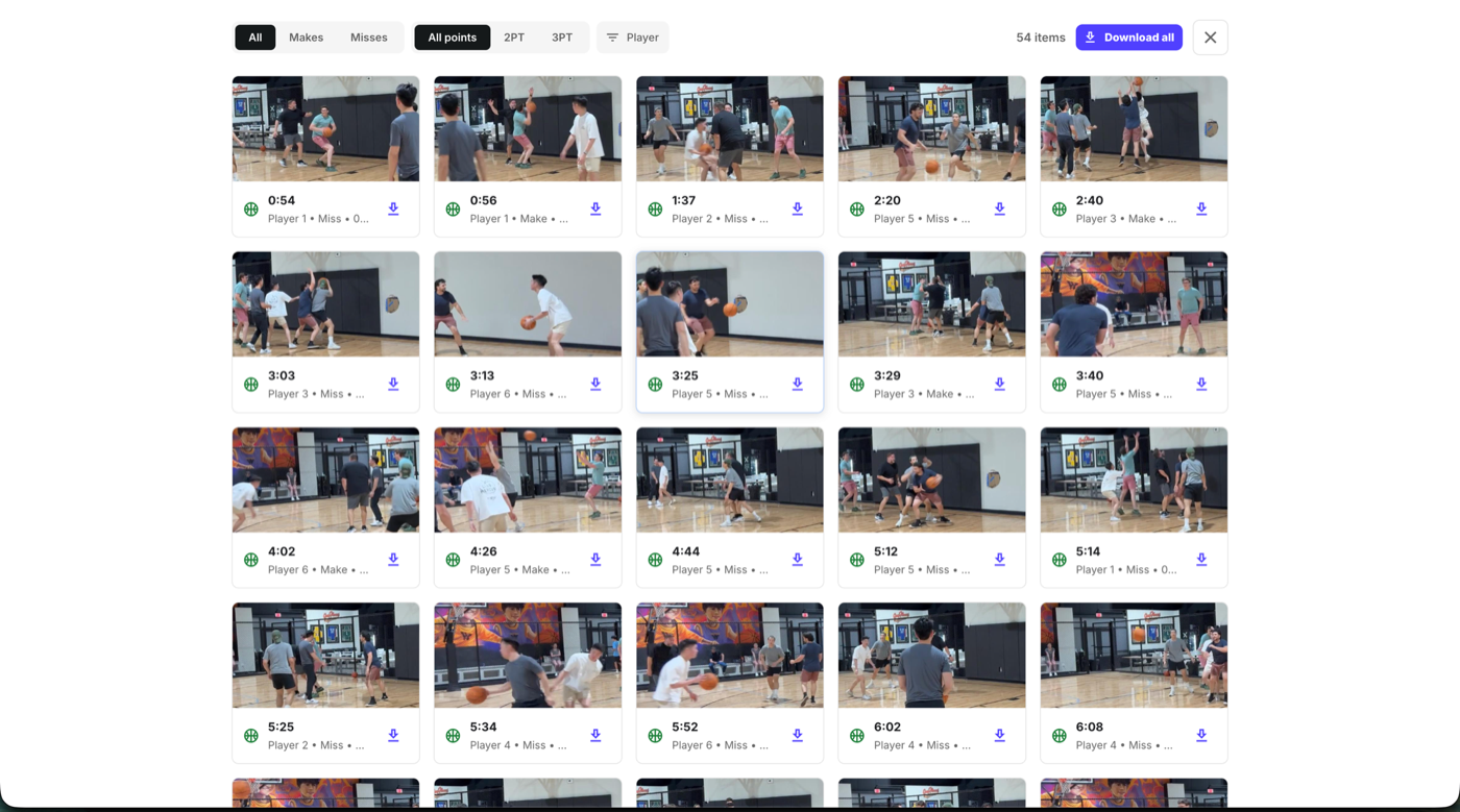 Hooper Hub clips view showing a filterable grid of every player's clips with download options