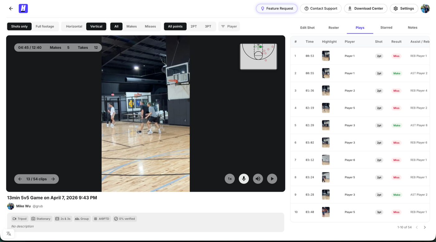Hooper Hub web film room showing game film alongside a play-by-play breakdown for each player
